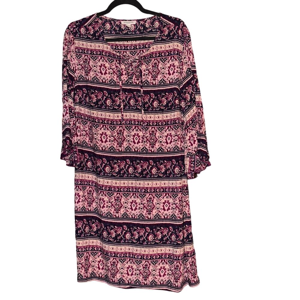 BeachLunchLounge Boho Dress Multi-pattern Lace Up Neckline Womans XL Lightweight